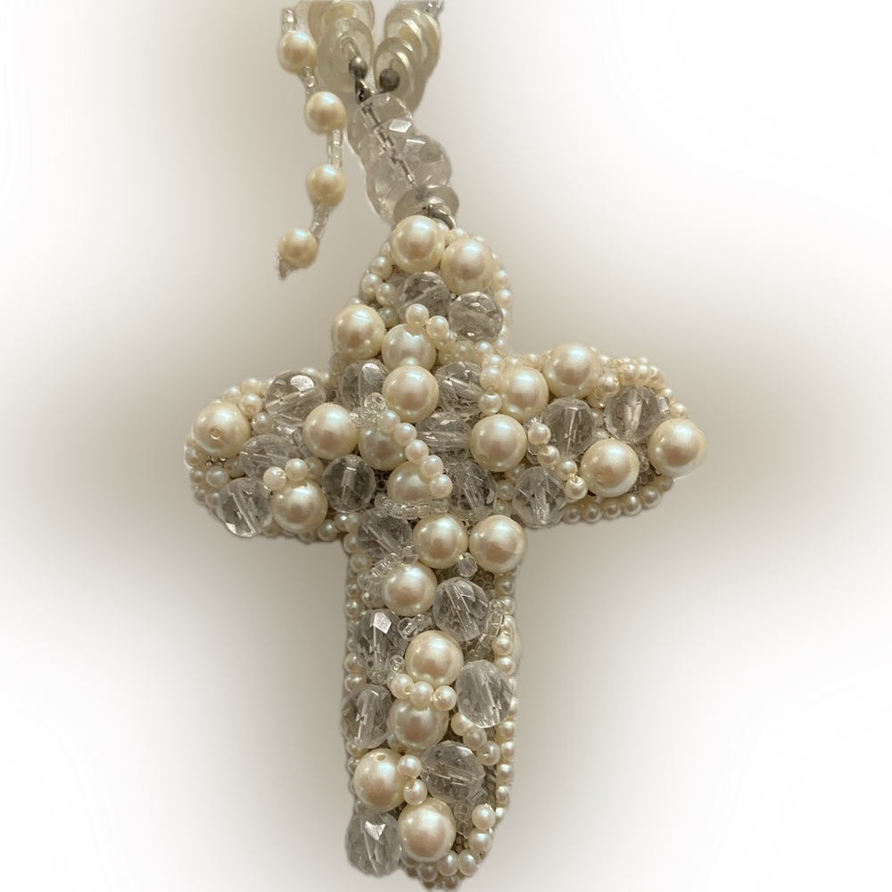 Vintage White Pearl and Crystal Cross Necklace